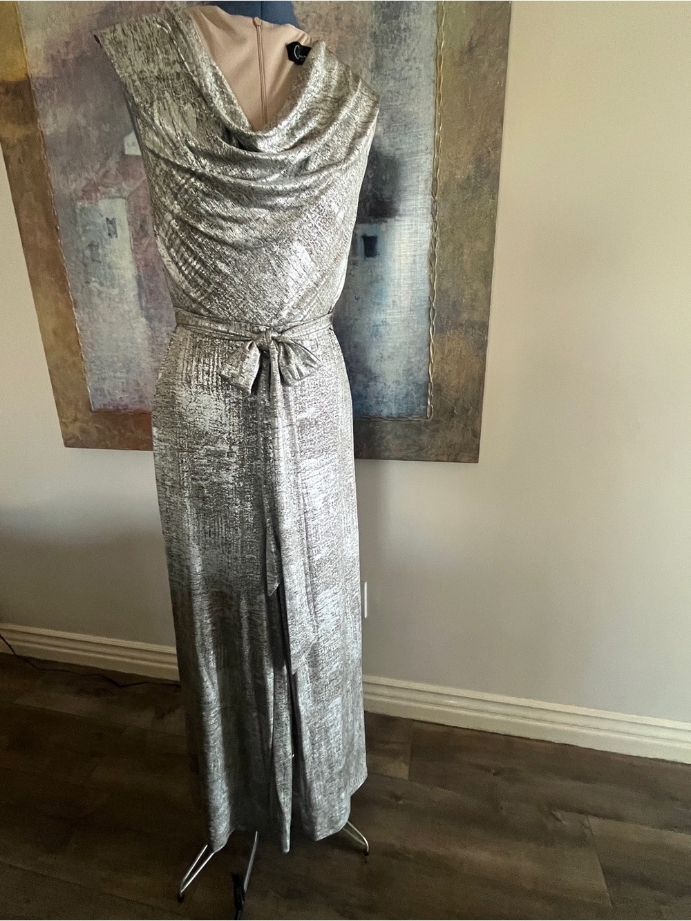 NWOT Stunning Silver Cowl Neck Maxi Jumpsuit with Waist Tie